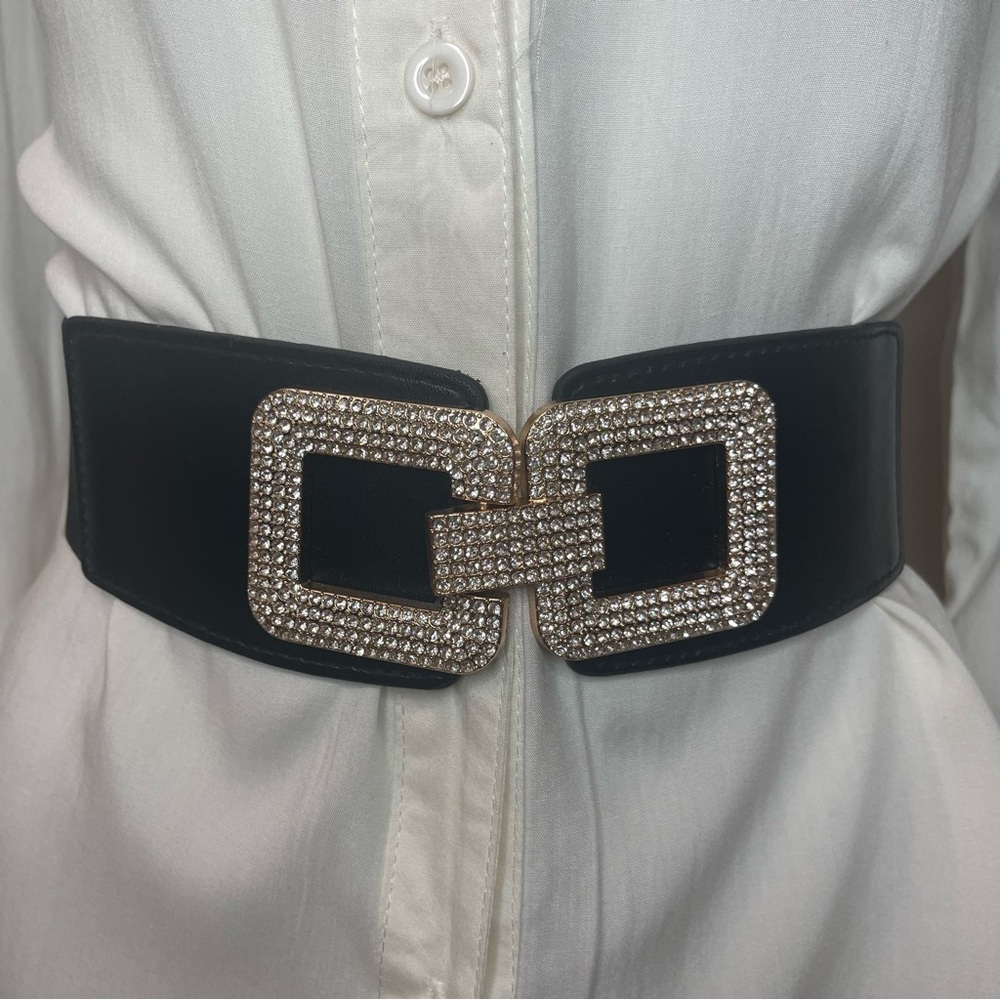 Black PU leather buckle with rhinestones details elastic waistband belt